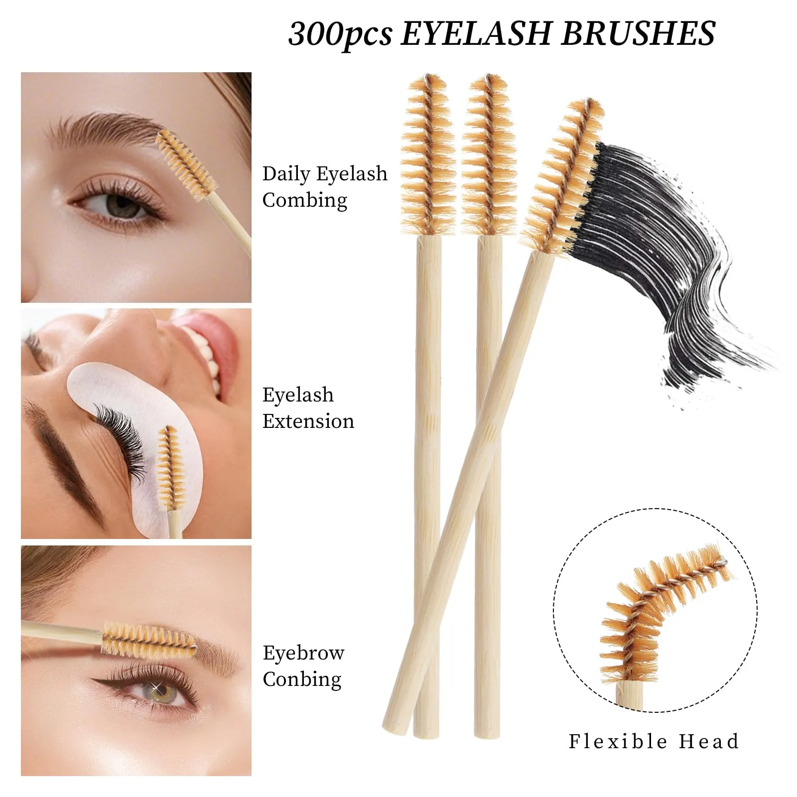 300PCS Disposable Mascara Wands Spoolie Brush Bamboo Eyebrow Brushes Eyelash Extension Applicator Makeup Kits myaokue-up(Brown)