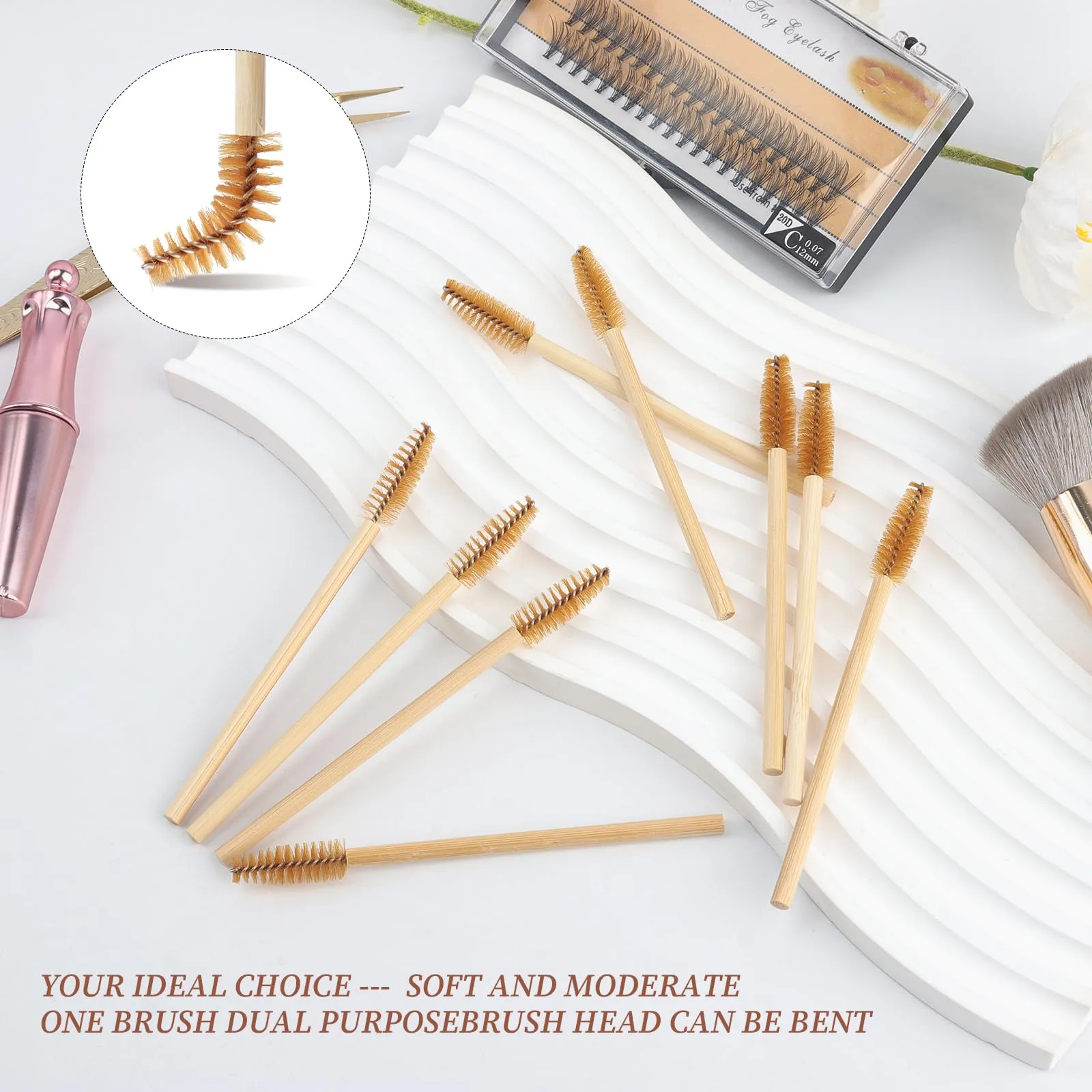 300PCS Disposable Mascara Wands Spoolie Brush Bamboo Eyebrow Brushes Eyelash Extension Applicator Makeup Kits myaokue-up(Brown)