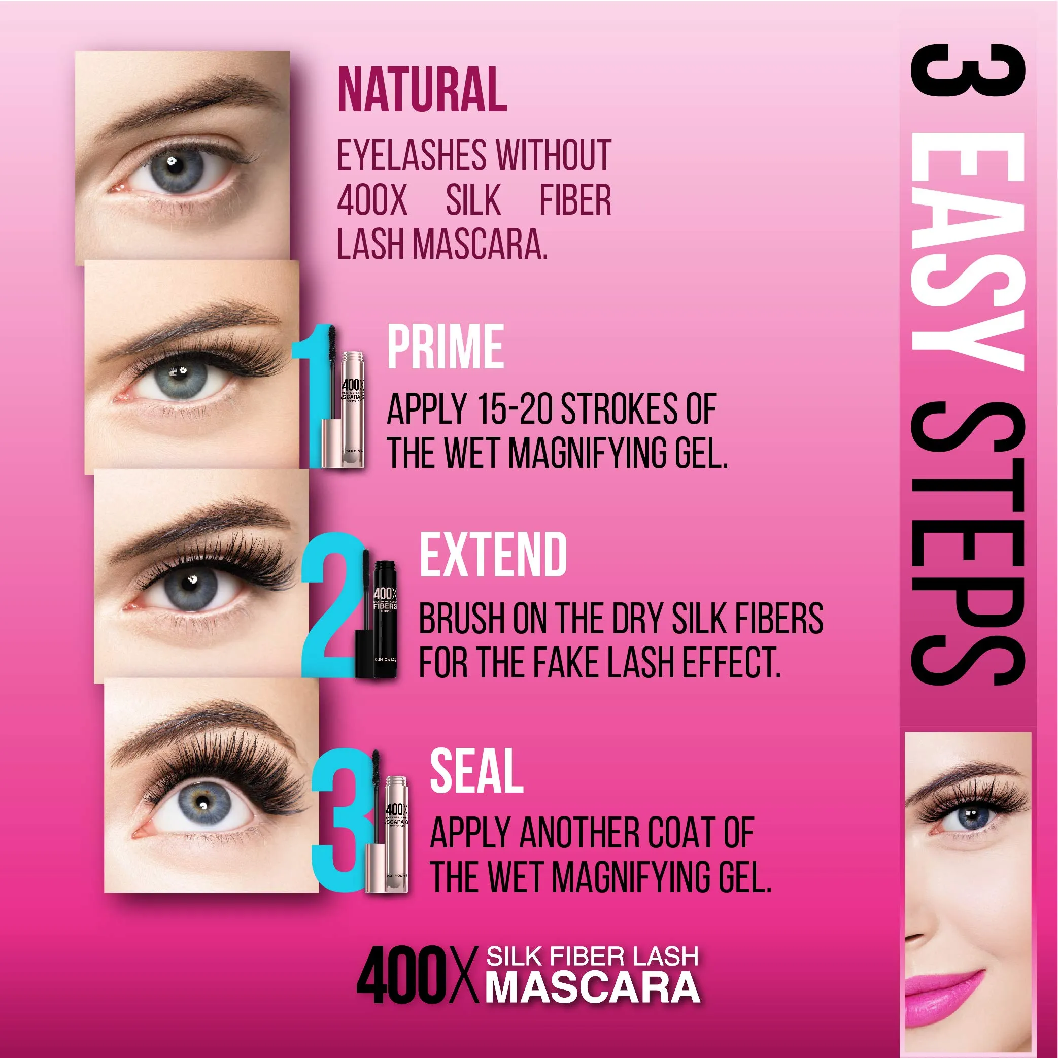 400X Pure Silk Fiber Lash Mascara [Ultra Black Volume and Length], Longer & Thicker Eyelashes. Waterproof, Long Lasting, Instant & Very Easy to Apply, Smudge-proof, Hypoallergenic