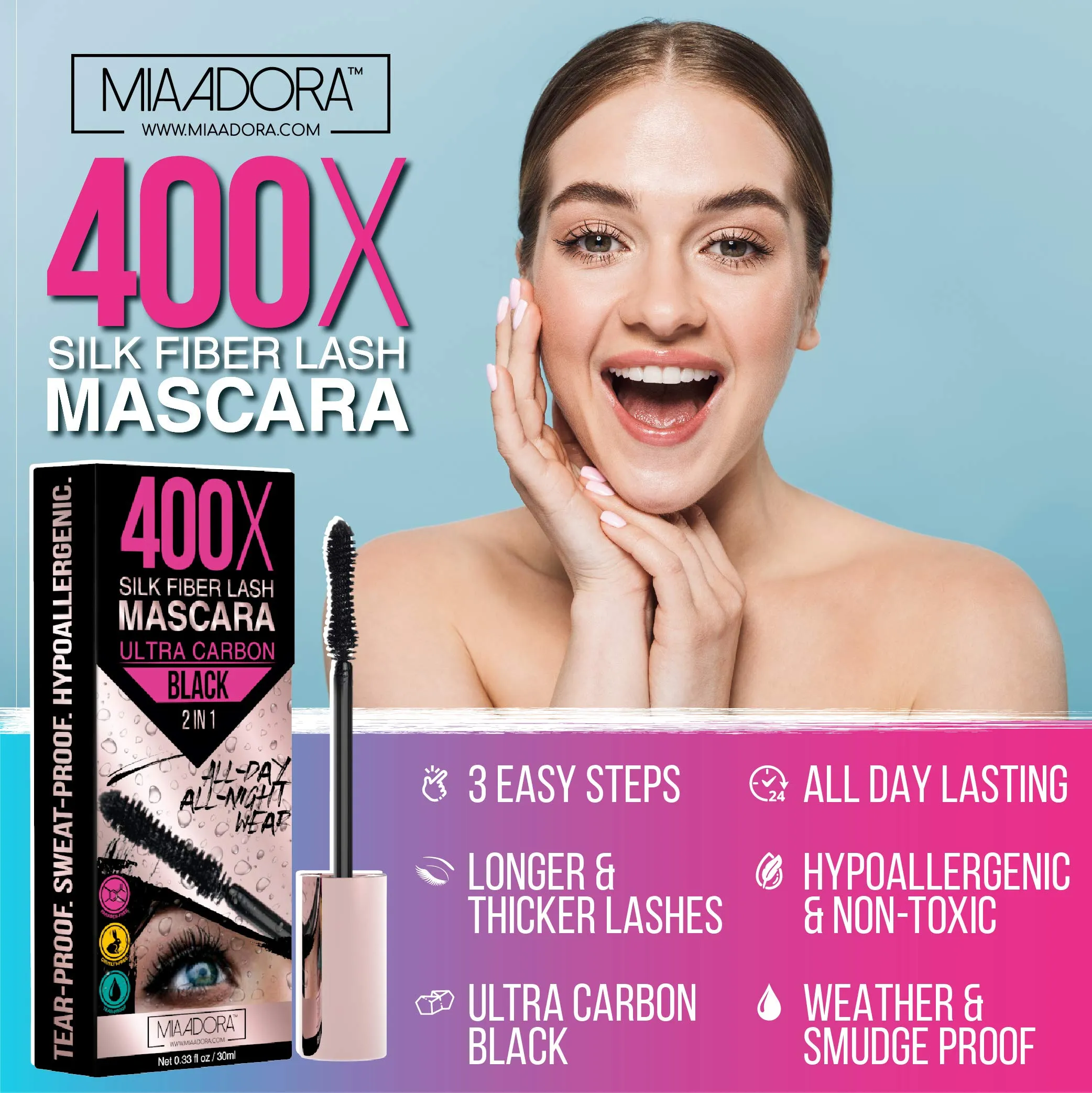 400X Pure Silk Fiber Lash Mascara [Ultra Black Volume and Length], Longer & Thicker Eyelashes. Waterproof, Long Lasting, Instant & Very Easy to Apply, Smudge-proof, Hypoallergenic