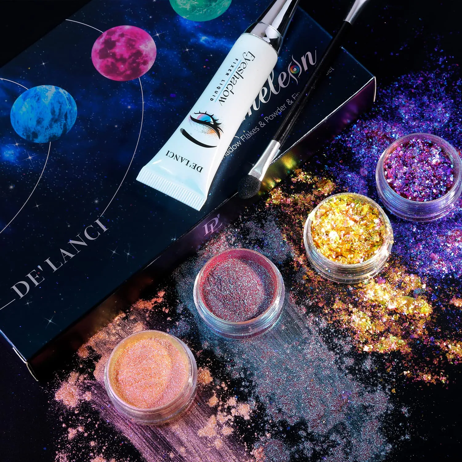 ecofavor Loose Glitter Eyeshadow Set - 2 Multichrome Eyeshadow Powder Pigment, 1 Chameleon Eyeshadow Brush, 1 Liquid Fixer, Holographic Sparkling Eye Shadows Duochrome Makeup
