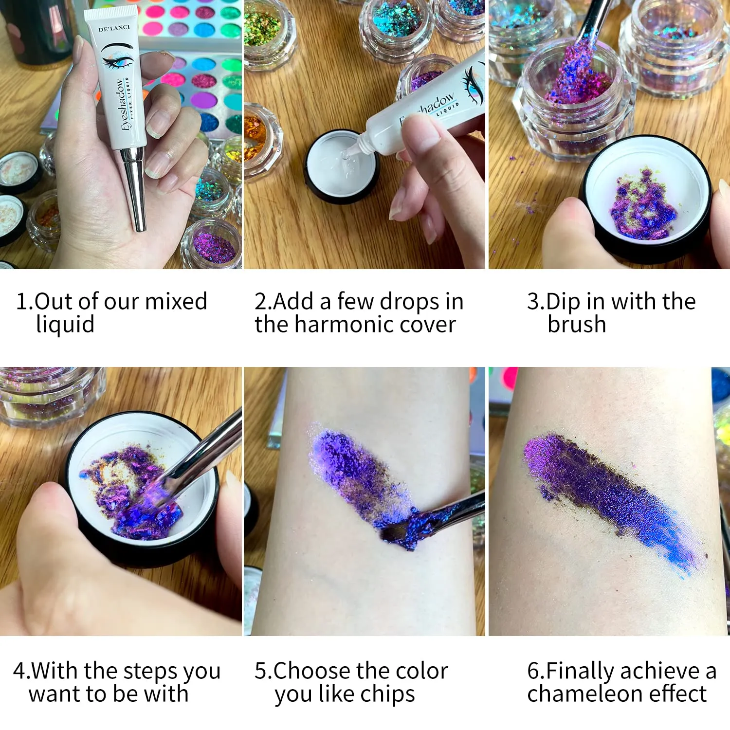ecofavor Loose Glitter Eyeshadow Set - 2 Multichrome Eyeshadow Powder Pigment, 1 Chameleon Eyeshadow Brush, 1 Liquid Fixer, Holographic Sparkling Eye Shadows Duochrome Makeup