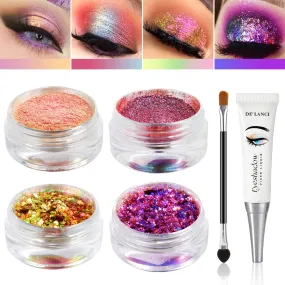 ecofavor Loose Glitter Eyeshadow Set - 2 Multichrome Eyeshadow Powder Pigment, 1 Chameleon Eyeshadow Brush, 1 Liquid Fixer, Holographic Sparkling Eye Shadows Duochrome Makeup