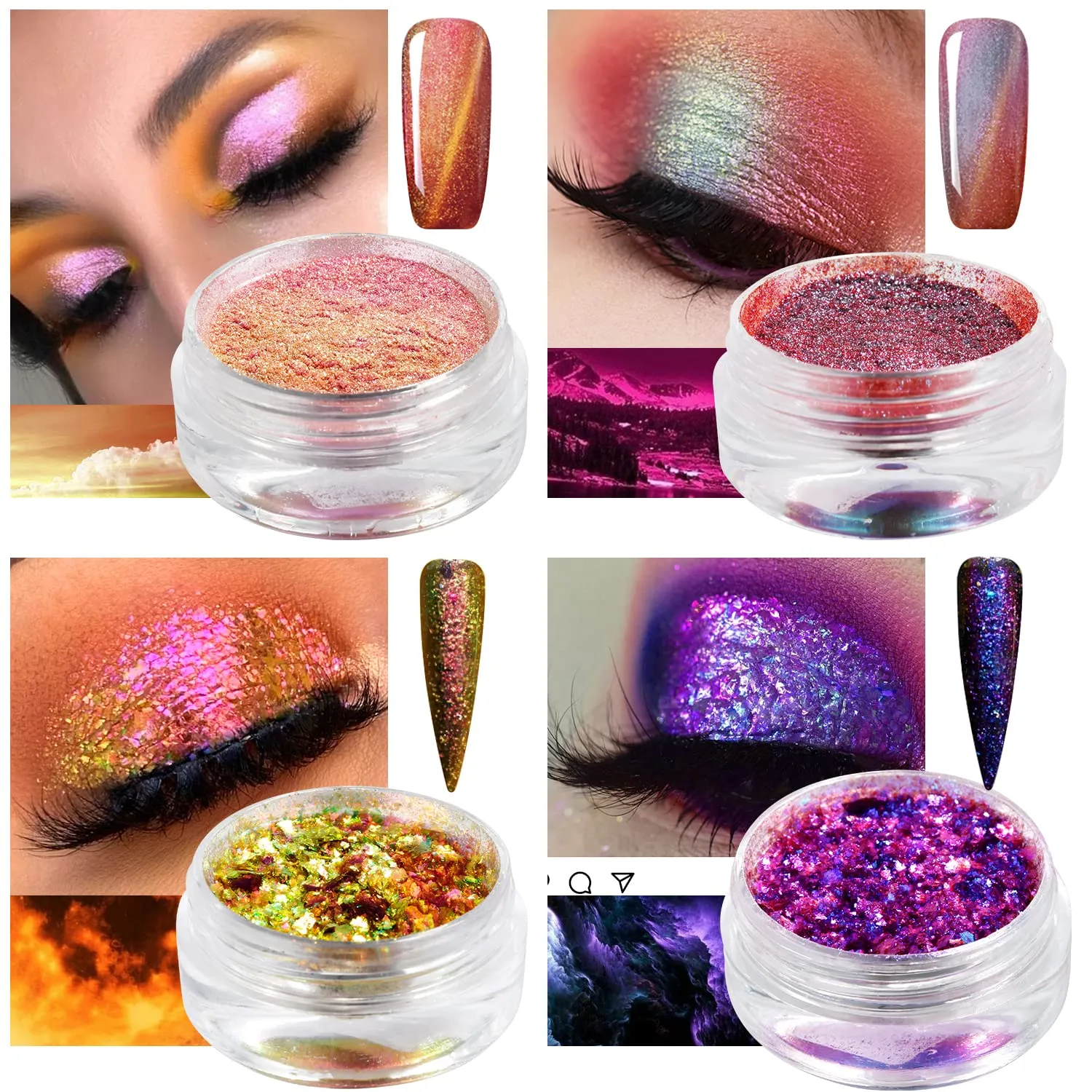 ecofavor Loose Glitter Eyeshadow Set - 2 Multichrome Eyeshadow Powder Pigment, 1 Chameleon Eyeshadow Brush, 1 Liquid Fixer, Holographic Sparkling Eye Shadows Duochrome Makeup